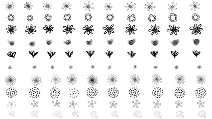 Fototapeta premium Rows of messy flower doodles, hand drawn in a loose abstract style.