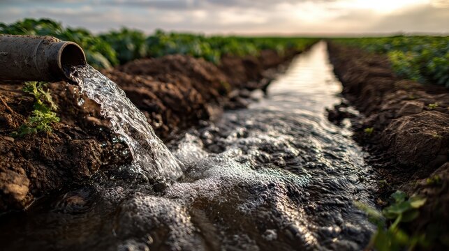 Water flowing from an irrigation pipe into a cultivated field ditch at sunset.