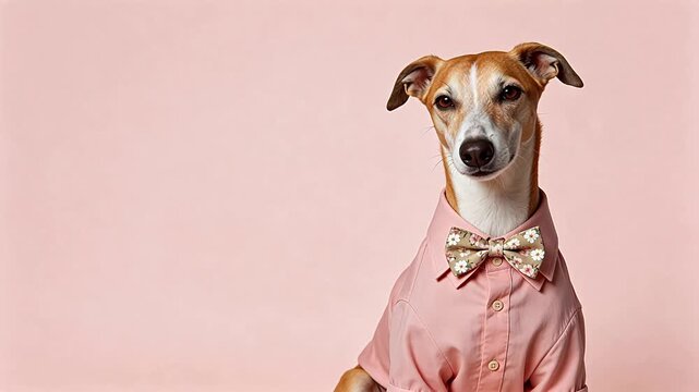 Dog in pink shirt and bow tie