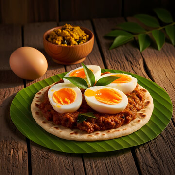 A delicious South Indian breakfast featuring a fluffy parotta topped with spicy curry and perfectly boiled eggs.