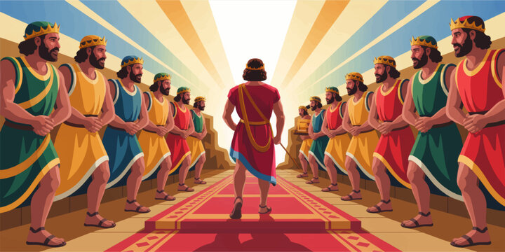 Ancient king walking red carpet between loyal guards, epic biblical royalty illustration, colorful ceremonial palace scene