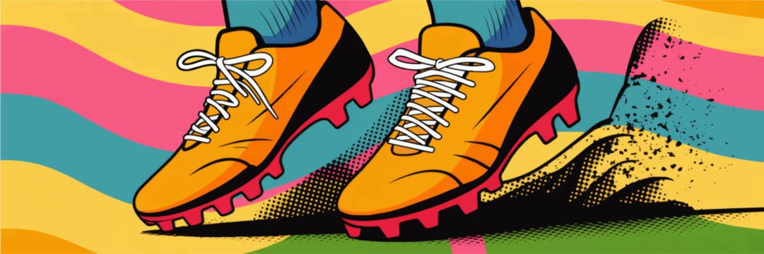 Vibrant pop art running shoes illustration, colorful retro comic style sport sneakers, dynamic fitness background banner