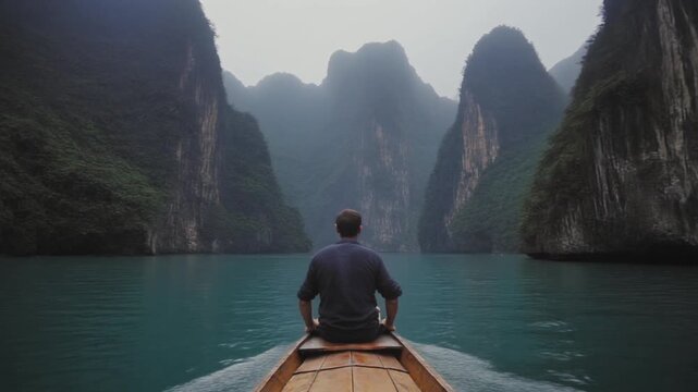 Man on wooden boat traveling through Nho Que River canyon in Vietnam