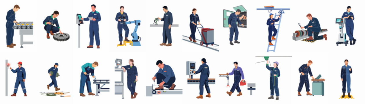 Set of diverse industrial worker illustrations showing factory staff performing various tasks like maintenance, machinery operation, and quality control.