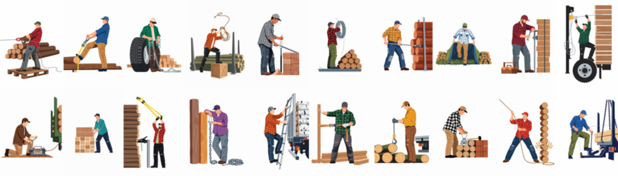Comprehensive collection of lumberjack character illustrations depicting men engaged in various timber industry tasks, wood handling, and forestry operations on a white background.