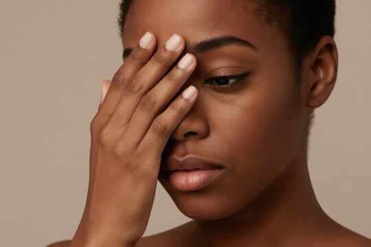 Young african woman covers eye with hand. Close up portrait of dark skinned female with smooth skin in studio on grey background. Natural beauty feminine pose.
