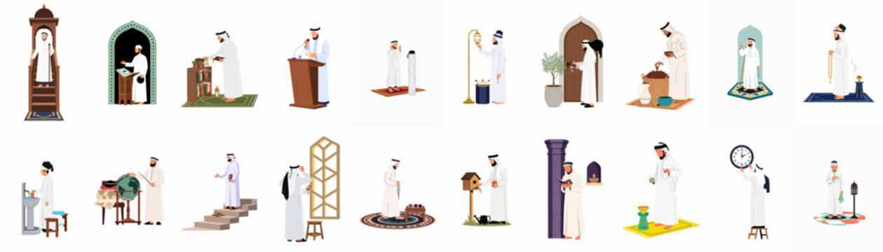 Collection of Flat Illustrations Depicting Muslim Men in Traditional Attire Performing Religious and Daily Activities on a White Background
