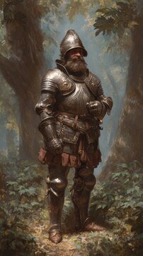 Europe medieval lifestyle. A detailed digital painting depicts a medieval knight standing in a dense forest. The knight wears full armor, including a helmet, breastplate, and gauntlets.