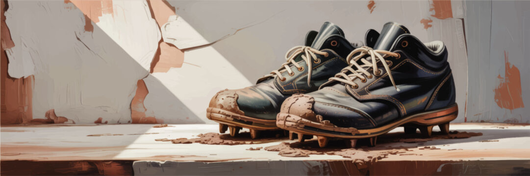 Vintage muddy baseball cleats on rustic bench in dramatic sunlight, nostalgic sports footwear illustration, retro athletic equipment art