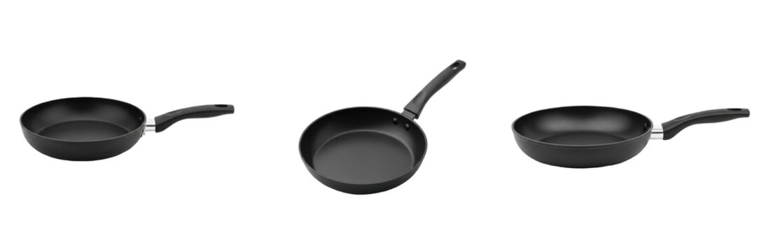 Set of Black Non Stick Frying Pan Isolated on White Background, PNG