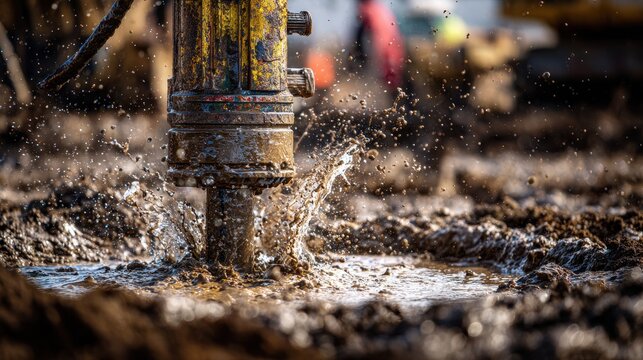 Close-up of dirty drilling machine splashing mud and water on a construction site