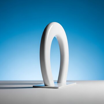 White arch sculpture on square base against blue background  modern art installation