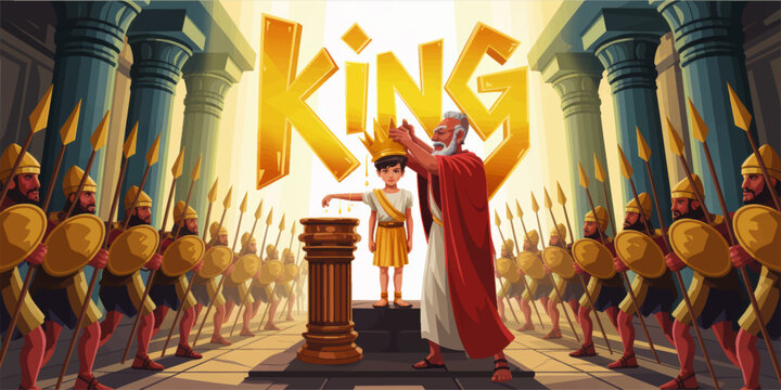Cartoon ancient coronation of young king with golden crown, soldiers and spears, palace columns, biblical royal ceremony illustration
