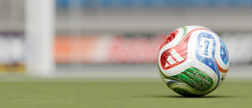Minimal scene of FIFA World Cup 2026 ball on grass, soft stadium view for football banner background