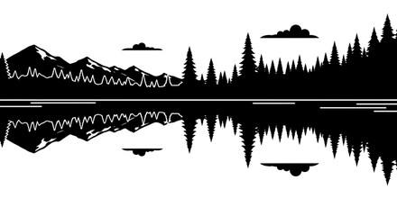 Obraz premium Black and white landscape silhouette mountains forest and reflection