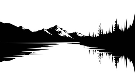 Obraz premium Black and white landscape silhouette reflecting mountains and forest