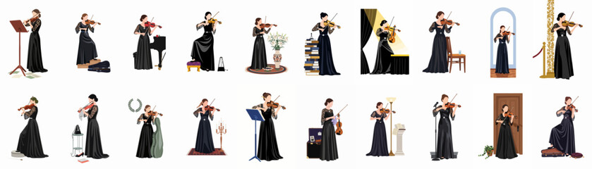 Flat vector illustration set of a female violinist in a black gown performing and practicing in various settings and poses. © Juan
