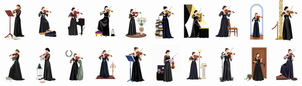 Flat vector illustration set of a female violinist in a black gown performing and practicing in various settings and poses.