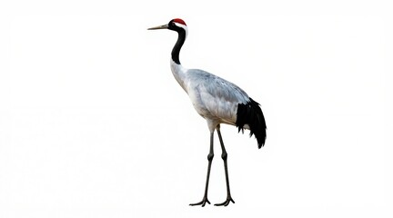 Fototapeta premium Red crowned crane stands tall on white background. Elegant bird with long neck and legs looks left. This graceful creature has grey body and black tail feathers.