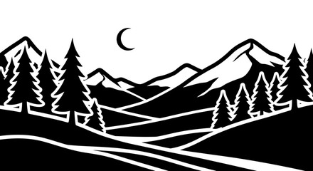 Fototapeta premium Black and white mountain landscape with trees and crescent moon illustration