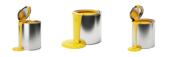 Set of Yellow Paint Bucket Spill Isolated on White Background, PNG © Stock