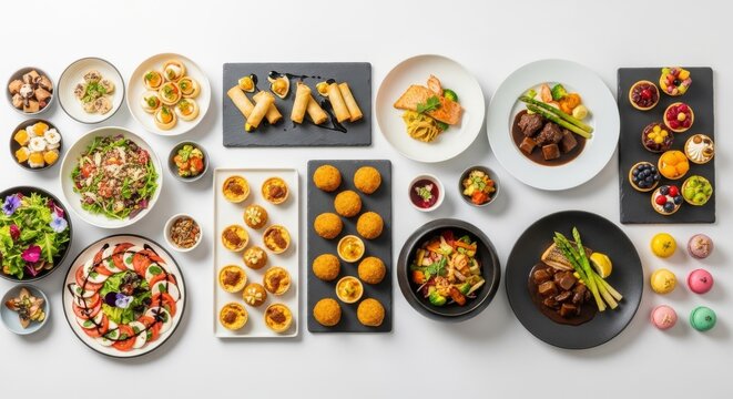 A diverse spread of international dishes featuring fresh salads, warm appetizers, savory main courses, and colorful desserts on long tables, warmers, table, event