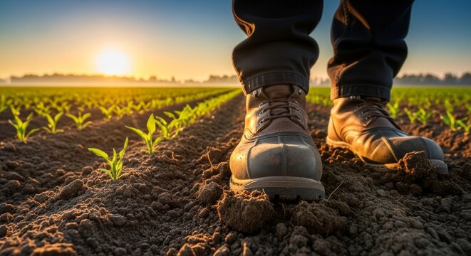 Close-up of heavy-duty waterproof boots stepping through rich soil in a sprawling agricultural field at dawn with green crops in rows, agriculture, walking, farm