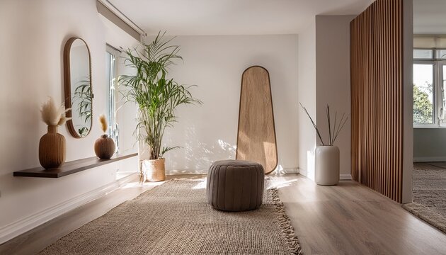 modern minimalist room with mirror and pouf