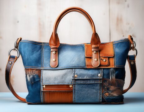 patchwork tote bag with distressed denim and leather accents