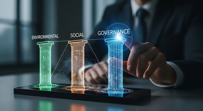 Corporate governance and ESG. An executive's hand touches a 'governance' pillar on a hologram showing the three pillars of ESG (Environmental, Social, Governance)