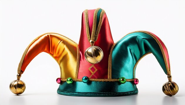 colorful jester hat with bells isolated on white background