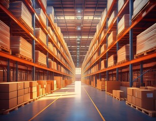 Fototapeta premium large warehouse filled with stock pallet loaded boxes on high shelves spacious interior