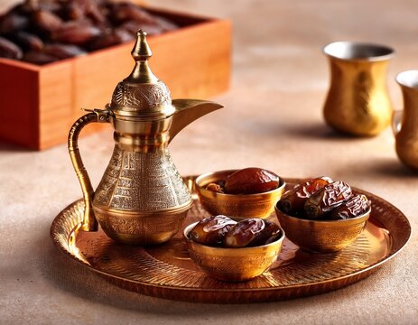 dallah coffee pot with dates and tea cups on a tray islamic tradition