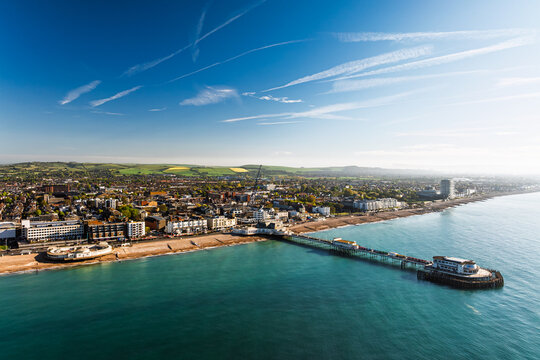Worthing Pier and seaside from a drone, Worthing, West Sussex, England