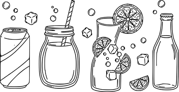 A minimalist black and white outline drawing of a soda can, mason jar, pitcher with citrus slices, and a bottle, complete with ice cubes and bubbles for a refreshing summer theme.