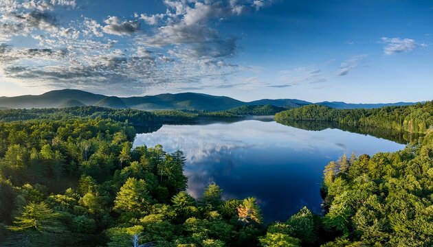 aerial view of mirror lake in lake placid new york in the early morning