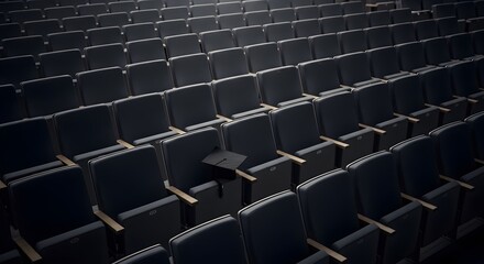 Naklejka premium Empty auditorium seats with a single graduation cap placed on one chair symbolizing achievement and academic success
