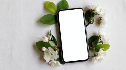 Clean smartphone rests on white fabric with delicate white blossoms and green leaves. Blank screen perfect for graphic design, app promotion or spring sale ads.