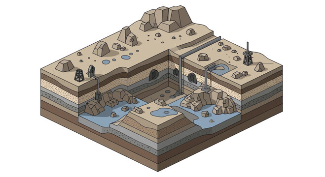 Cross section of underground cave system with water and rock formations.