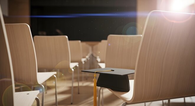 Graduation cap with tassel on chair in empty lecture hall with wooden seats and sunlight flare effect
