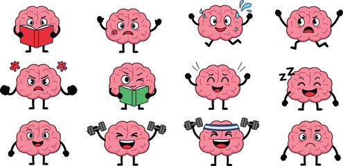 Fototapeta premium Creative Brain Mascot Character Set Showing Different Emotions and Activities Like Reading Exercising and Sleeping for Mental Health Awareness Designs
