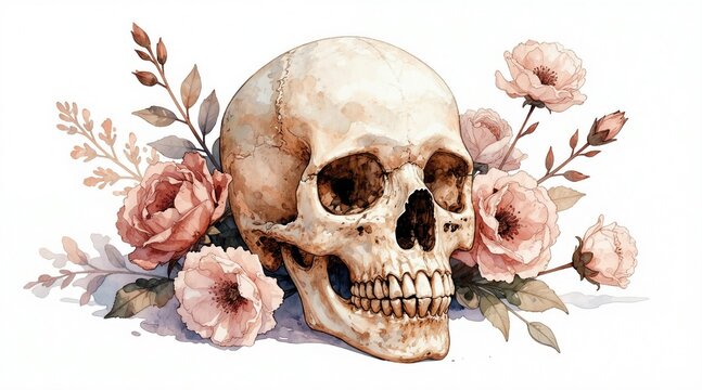 Watercolor artwork features human skull with soft pink flowers, botanicals. Delicate artistic rendering blends life, death themes. Elegant illustration for gothic, romantic or death positive concepts.