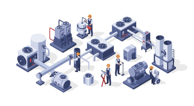 Industrial HVAC equipment and workers isometric illustration.