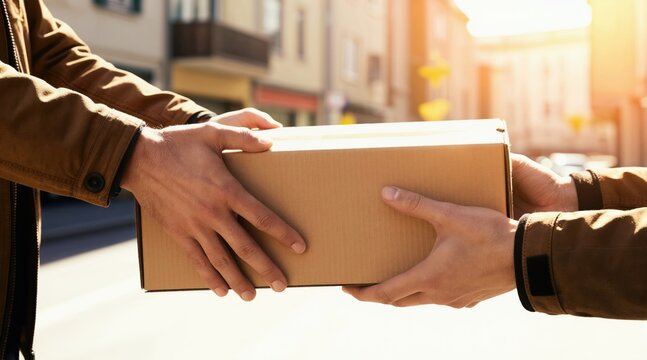 Hands pass cardboard box on city street sunny day. Courier gives package to customer during daytime. Fast shipping service business transaction.