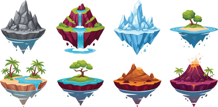 Fantasy Floating Island Vector Set with Diverse Biomes Including Volcano Ice Mountains Waterfall and Tropical Beach Landscapes for Video Game Environment Designs