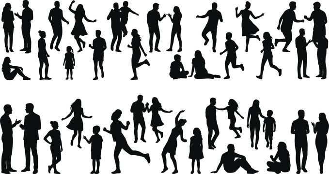 Black silhouettes of three professional business men in suits standing and sitting in various poses isolated on a white background