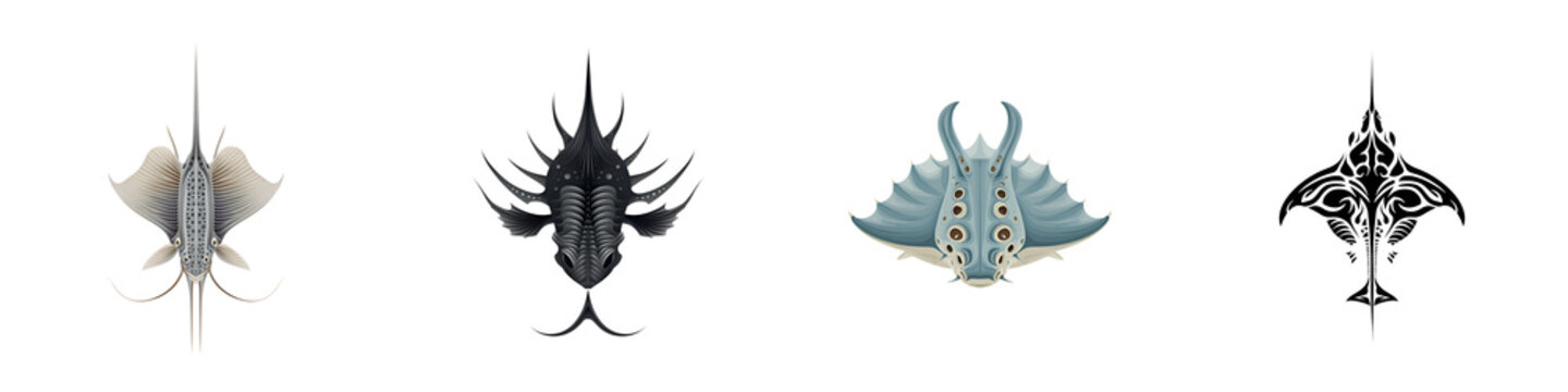 Set of Fantasy Stingray Creatures. Digital Illustration on White Background.
