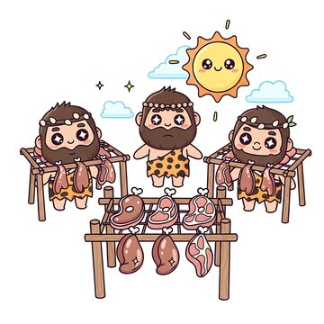 Cute Cavemen Drying Meat Under Sun.