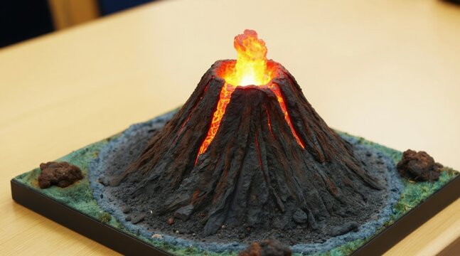 Detailed volcano model erupts with glowing lava flowing down its slopes. Ash plumes rise from the crater, simulating a powerful geological event. Educational diorama for science classes.