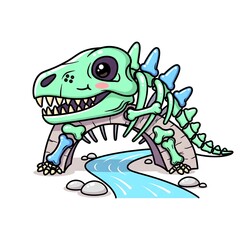 Fototapeta premium Cute Dinosaur Skeleton Bridge Over River Cartoon.